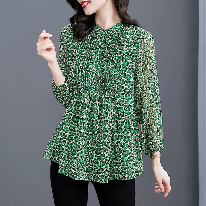 Женская шифоновая блузка с цветочным принтом зеленая Повседневная Блузка