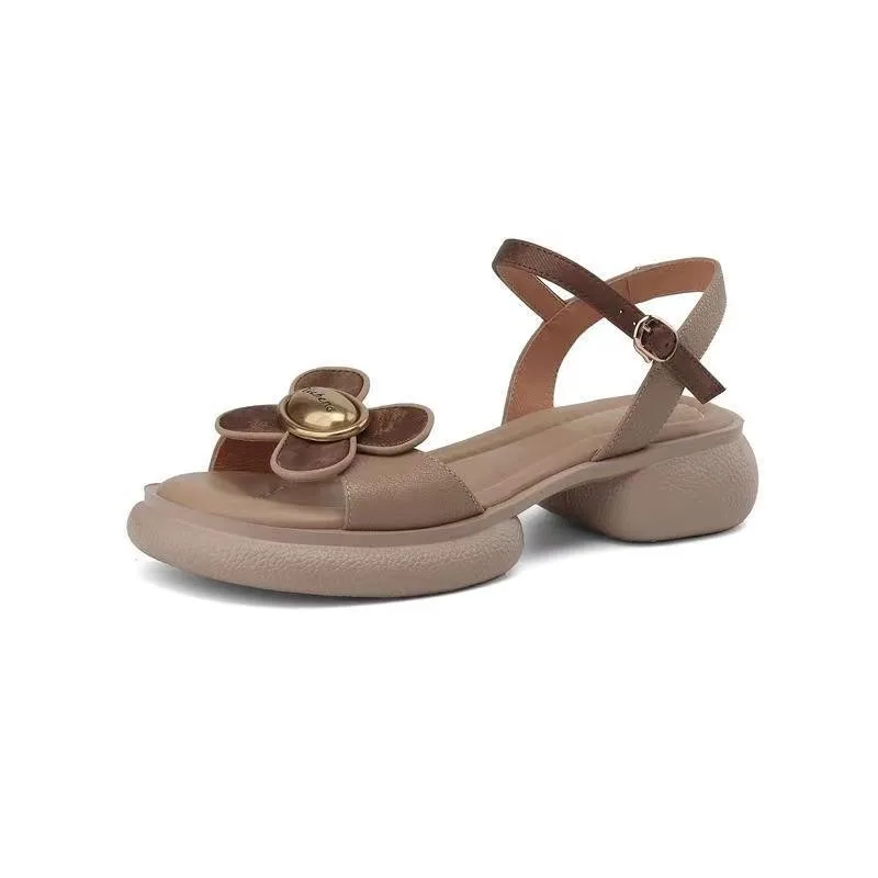 Летние сандалии с открытым носком на блочном каблуке милыми цветами женские