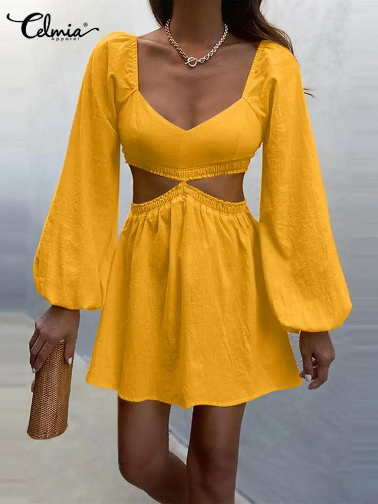 

Celmia Square Collar Puff Long Sleeve Party Sundress Casual Women Backless Sexy Short Robes 2022 Summer Hollow Waist Mini Dress