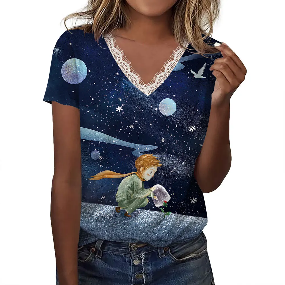 Маленький принц с мультяшным принтом кружевные топы короткими рукавами и