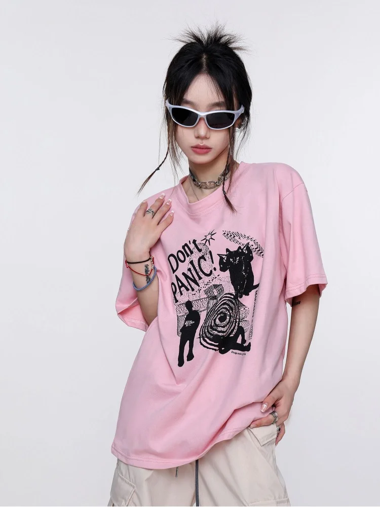 

ADAgirl Animal Graphic T Shirts Female Kawaii Cat Print Tees Y2k Short Sleeve Tops Pink Kitty Women Clothing Korean Style 2023