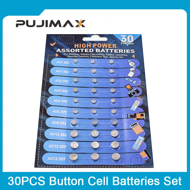 PUJIMAX Button Battery 30PCS/set  AG1/364 AG3/392 AG4/377 AG5/393 AG12/386 AG13/357  For Watch Toys Remote Cell Coin Batteries