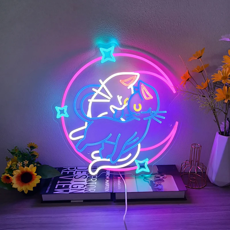 

Anime Neon Sign Custom Moon Luna Cat LED Neon Signs Kawaii Aesthetic Art Bedroom Game Room Decoration Led Light Birthday Gifts