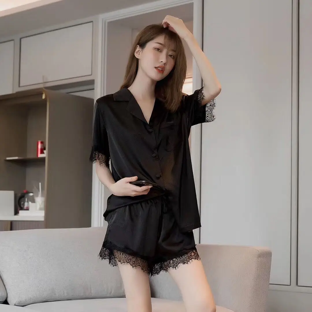 

Sexy Pajamas Women's Summer Short-sleeved Cardigan Student Fashion Two-piece Suit Home Wear Ladies Thin Section