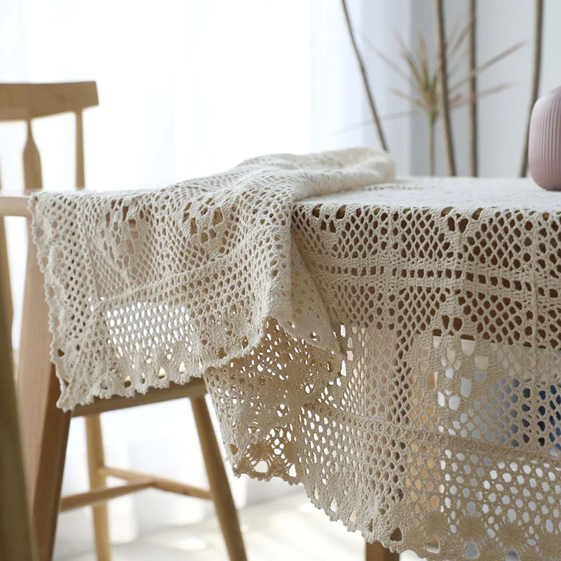 

Pastoral Crochet Tablecloth Hollow Out Lace Cotton Table Cover Vintage Coffee Shop Refrigerator Piano Towel Dining Table Cloth