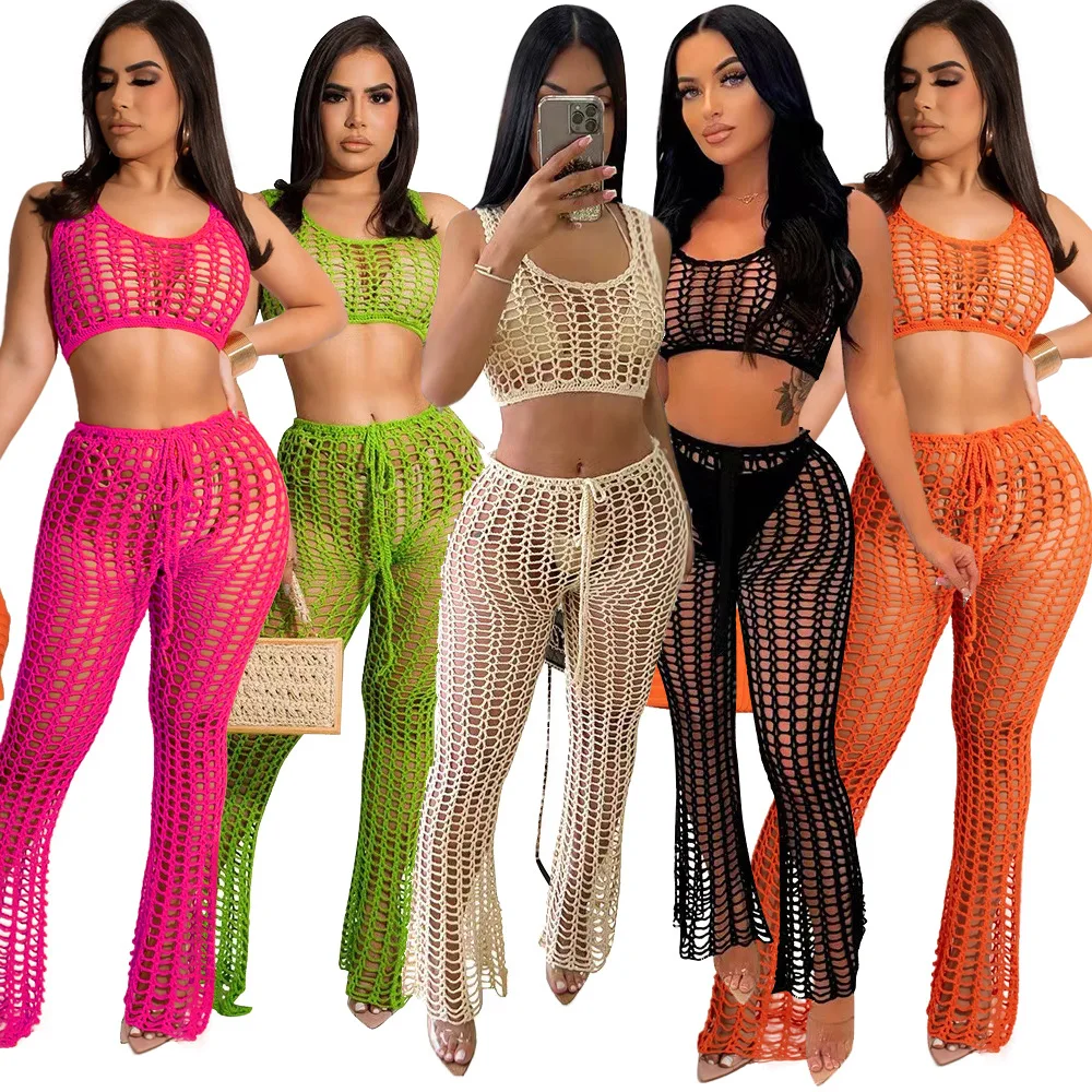 

2022 Casaul Women Summer Beach Tracksuit Two Piece Set Streetwear Matching Set Hollow Out Clothes For Women Outfit