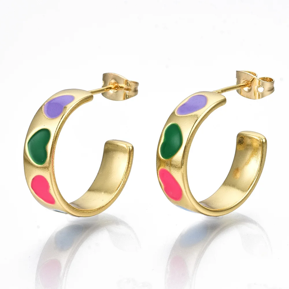 

2pcs Delicate 16K Gold Plated Brass Ear Studs Colorful Enamel Heart Printed Half Hoop Earrings with Ear Nuts Wedding Jewelry