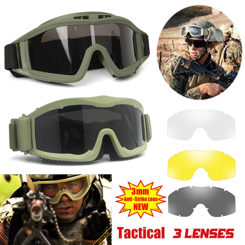 

JSJM Various Styles 3 Lens Tactical Goggles Men Military Shooting Protective Glasses Outdoor Hunting Windproof Dustproof Goggles