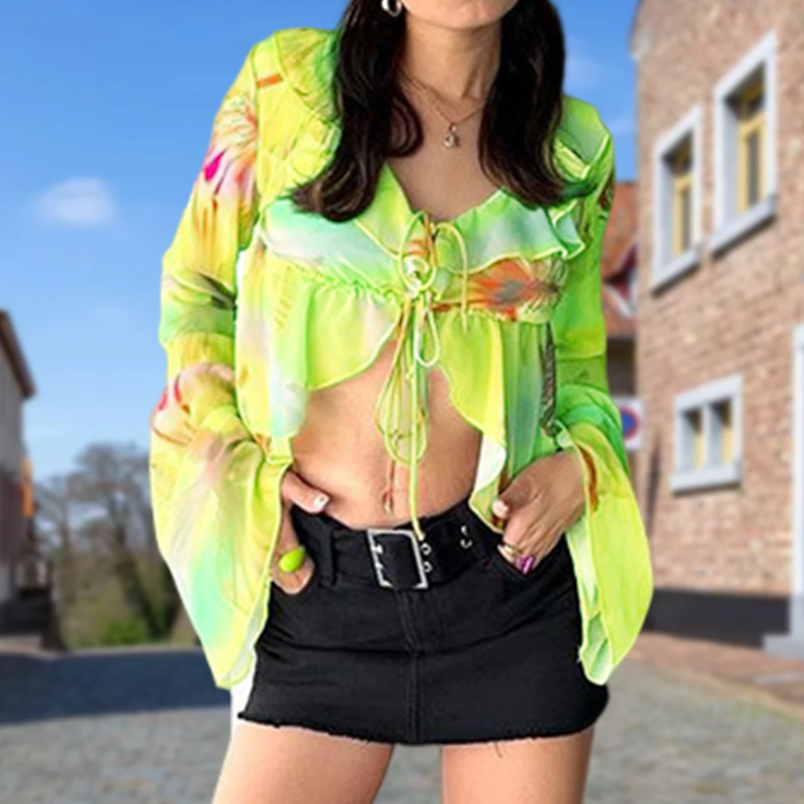 

Women Tie Dye Navel Exposed T-shirts in New Y2k Korean Ruffle V Neck Breathable Super-Short Shirt Spicy Girl Solid Color Top