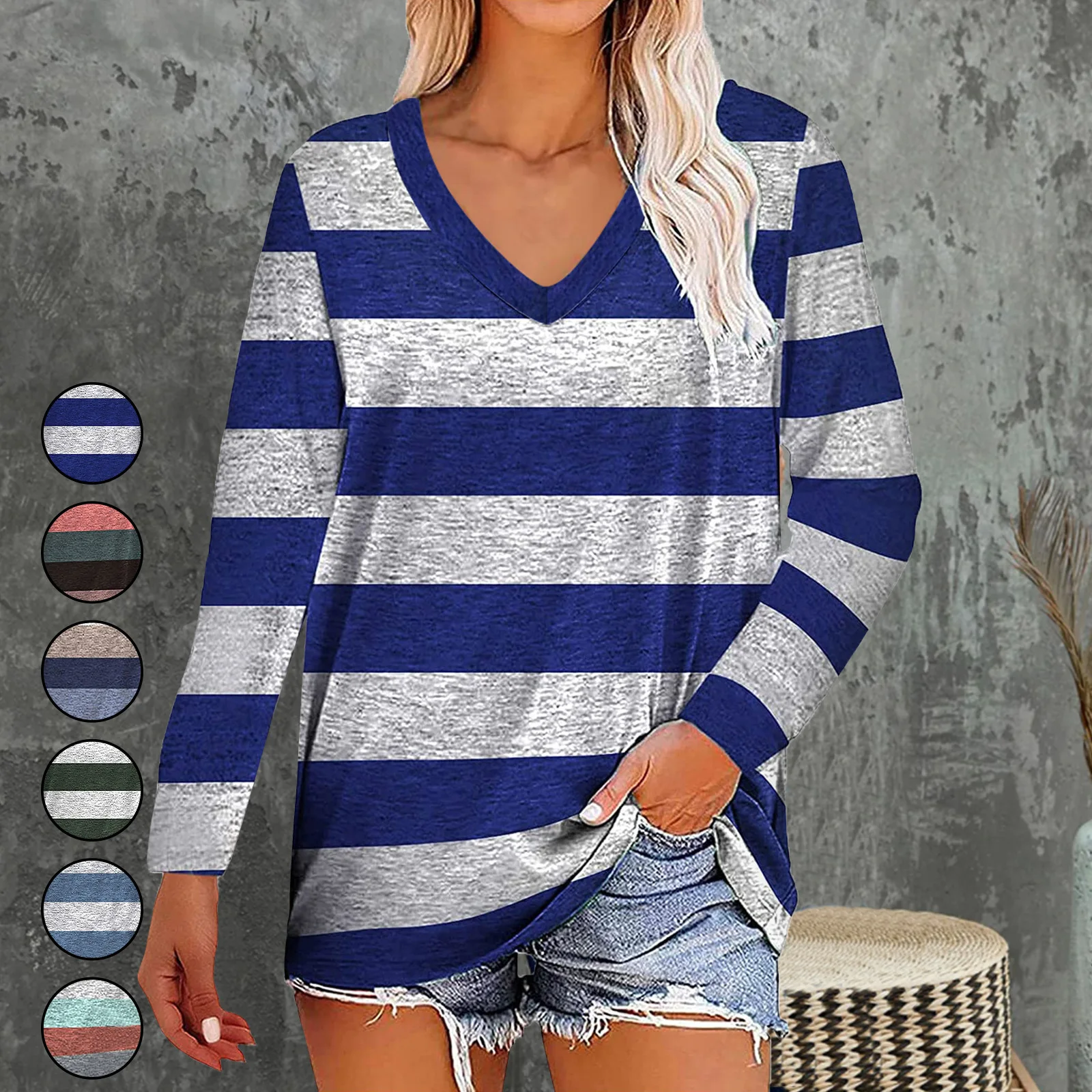 2022 Autumn New Women's Striped Fashion Casual Loose V-neck Long-sleeved Top T-shirt футболка смешная
