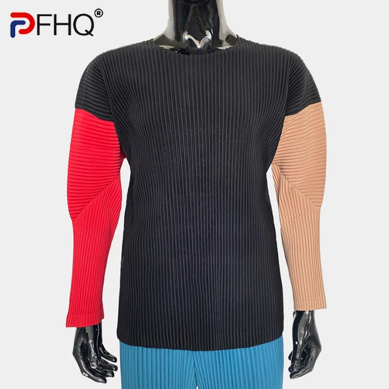 

PFHQ 2023 Trendy Men's Pleat Sports Color Contrast T-shirt Long Sleeve Fold Elegant Designer Spring High Quality Tops Pullover
