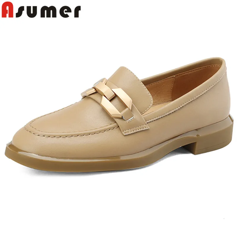 ASUMER 2023 New Slip On Square Med Heels Dress Shoes Genuine Leather Shallow Shoes Woman Fashion Ladies Dress Pumps