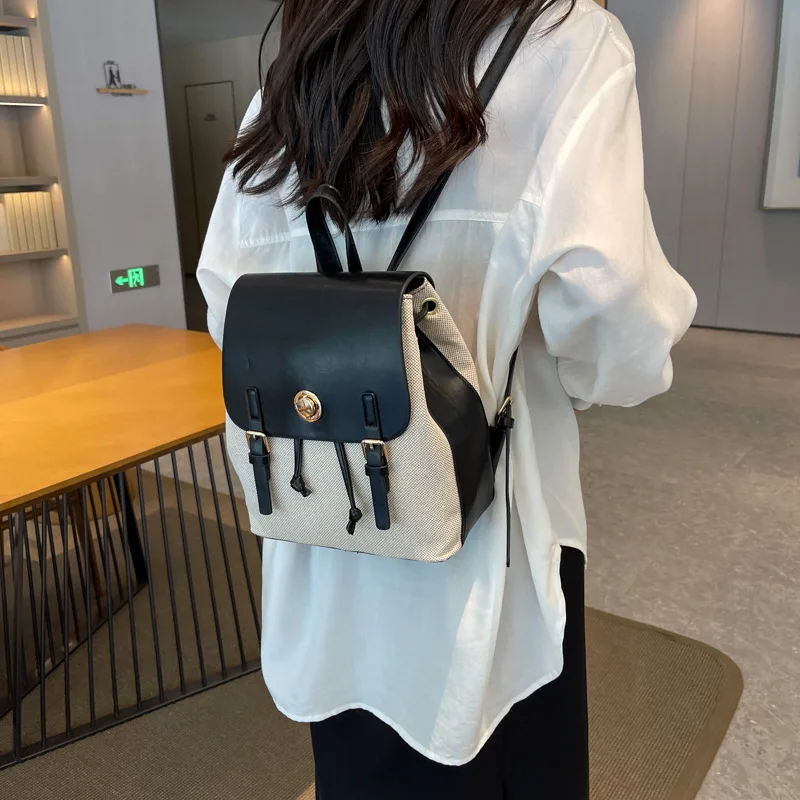 Contrast Color Patchwork Backpacks Simple Retro Casual Shoulder Bag Women Fashion Commuting Backpack Versatile Handbag Satchel