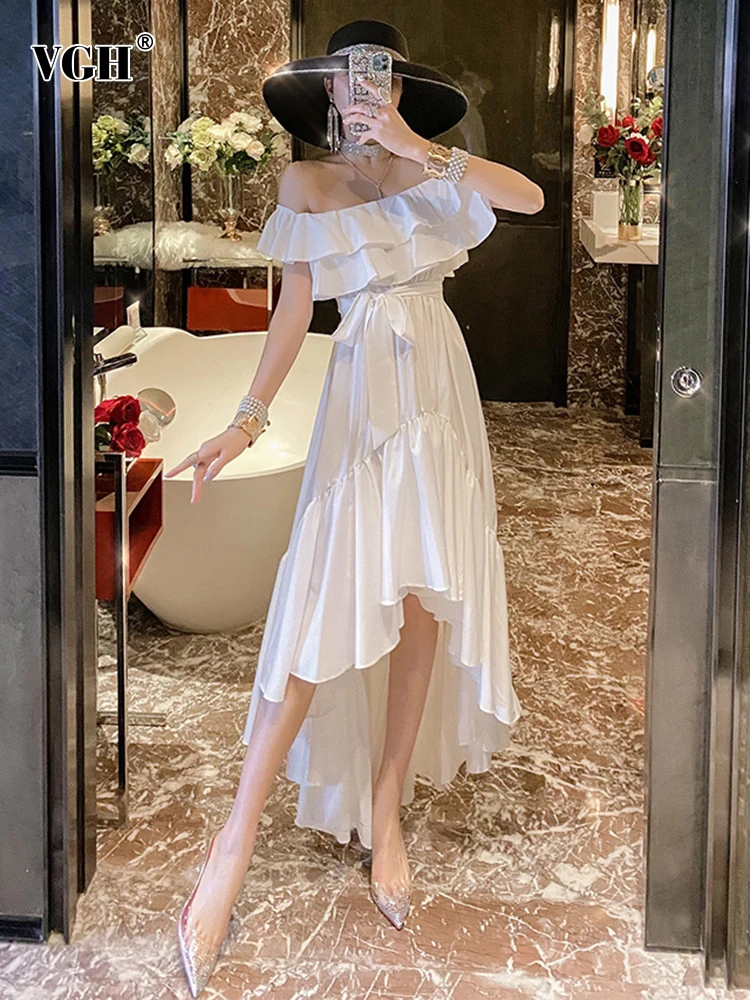 

VGH Striped Dress For Women Slash Neck Lantern Short Sleeve Sashes High Waist Patchwork Ruffles Asymmetrical Hem Dresses Female