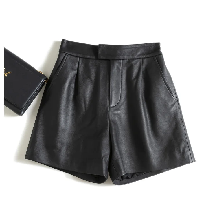 Classic Simple Imported Lambskin Shorts For Women Femme Elastic Waist Wide Leg Pocket Bermuda Leather Pants Mujer Slim Trousers