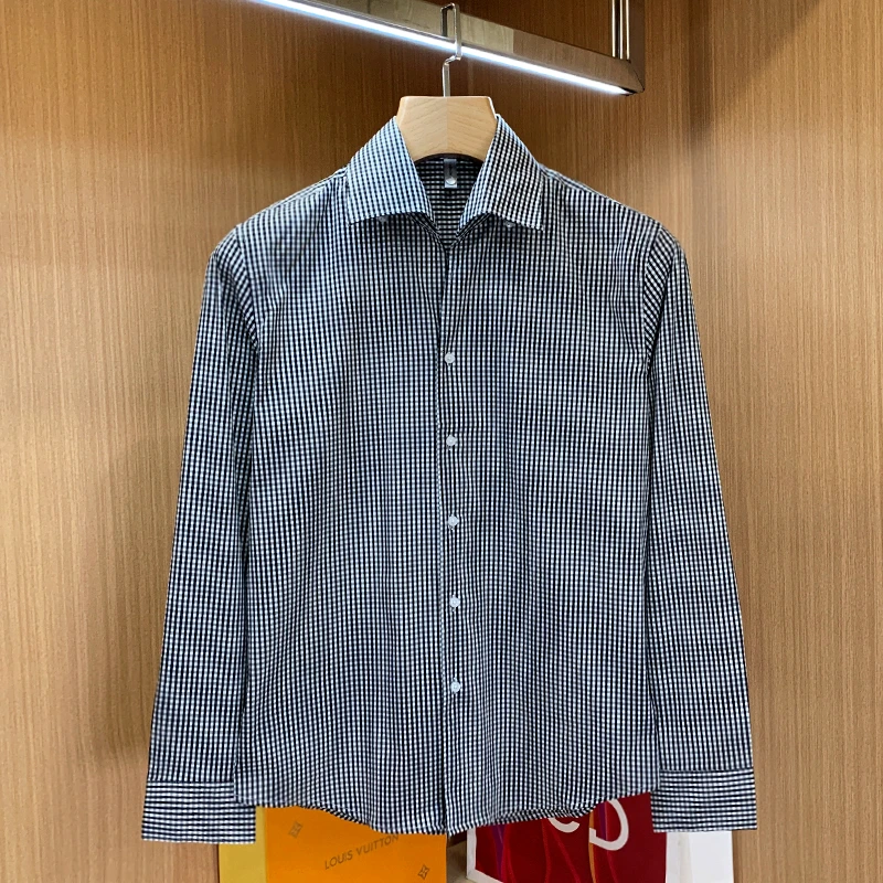 

2023 Men's Social Shirts Top Cotton Luxury Brand Thin Soft Buttoned Plaid Formal Work Blouses Single Breasted Clothing C37