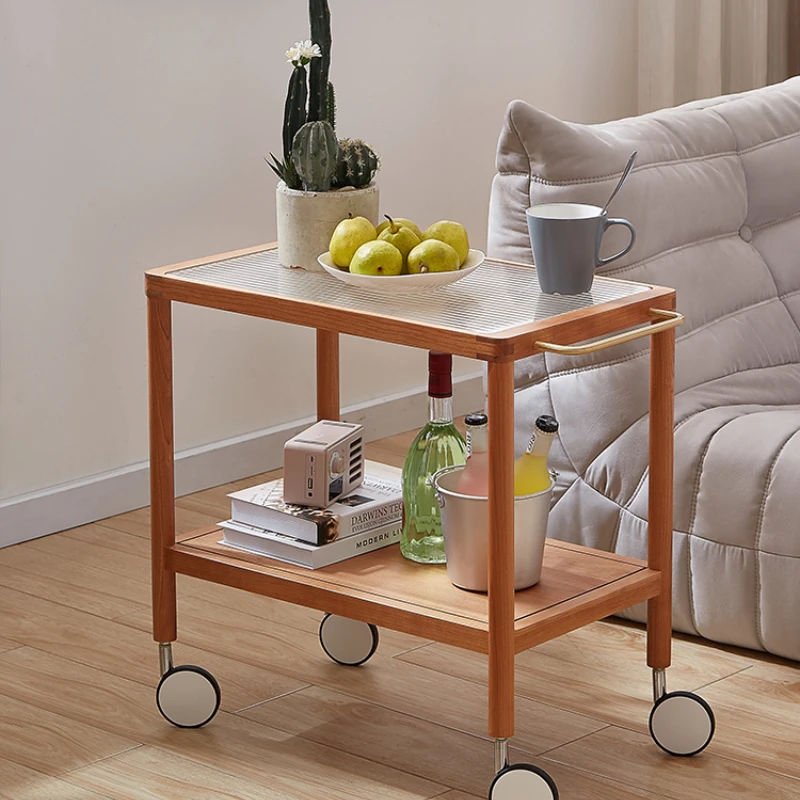 

Cherrywood Trolley Side Table Small Apartment Living Room Sofa Edge Movable Trolley Double-Layer Storage Rack with Wheels
