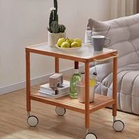 cherrywood trolley side table small apartment living room sofa edge movable trolley double layer storage rack with wheels