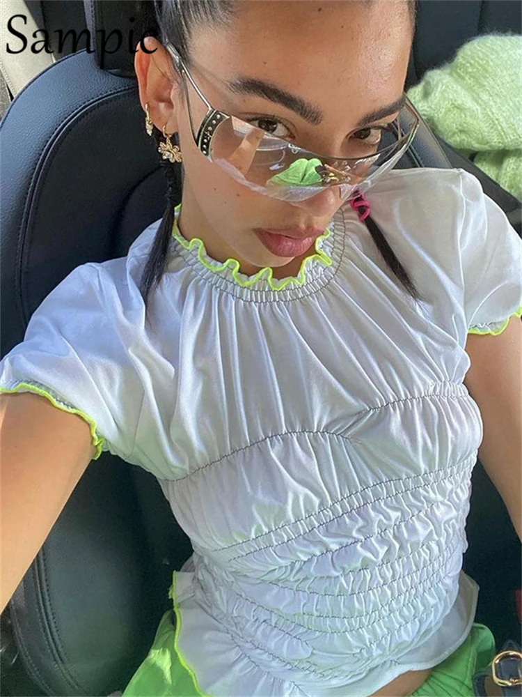 

Sampic белая женская одежда с коротким рукавом с круглым вырезом Y2K Повседневная облегающая Базовая футболка Топы 2022 летняя уличная мода Корот...