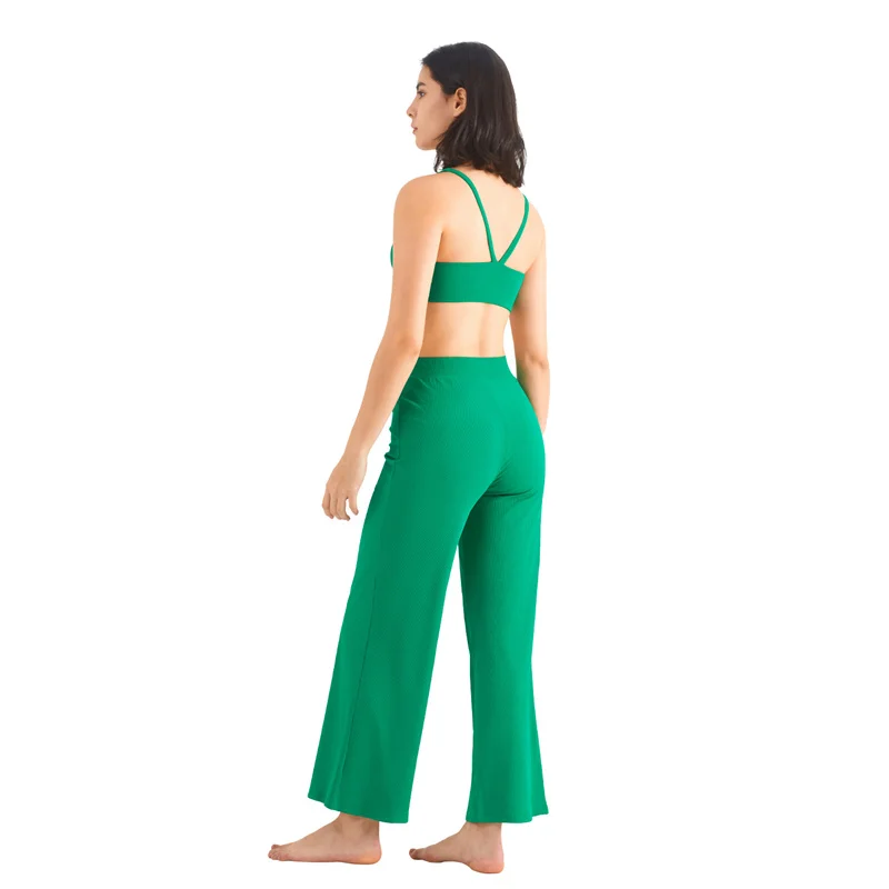 Solid Color Women Sports Pants Ribbed Loose Wide Leg Girdle Fitness Yoga Legging Feet Loose Sunscreen Breathable Quick-drying