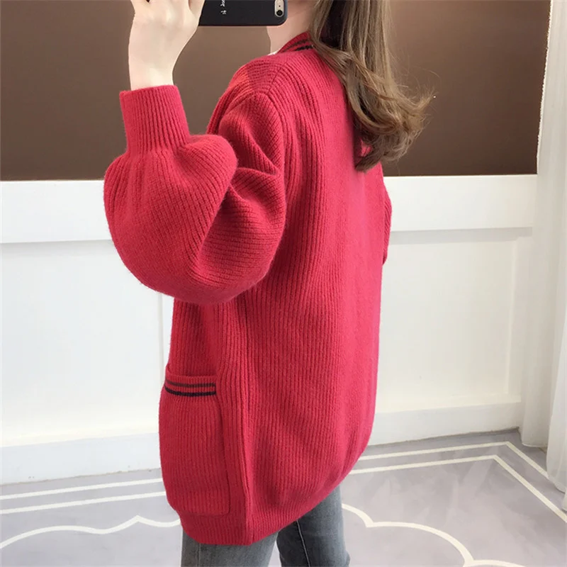 

Женский жакет, трикотажный, с V-образным вырезом, рукавами-фонариками, 5 цветов, большие карманы, осень