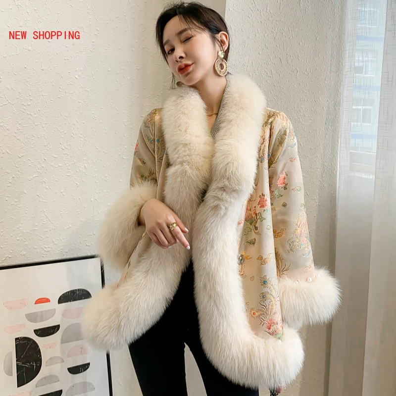 Thick Warm Winter Jacket Women Female Luxurious Dragon Print Embroidery Elegant Cloak Bead Overcoats Elegant Faux Fox Fur Coat