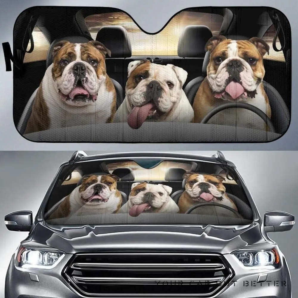 

Funny three bulldogs driving dog lovers car sunshade, cute bulldog family driving car sunshade windshield visor