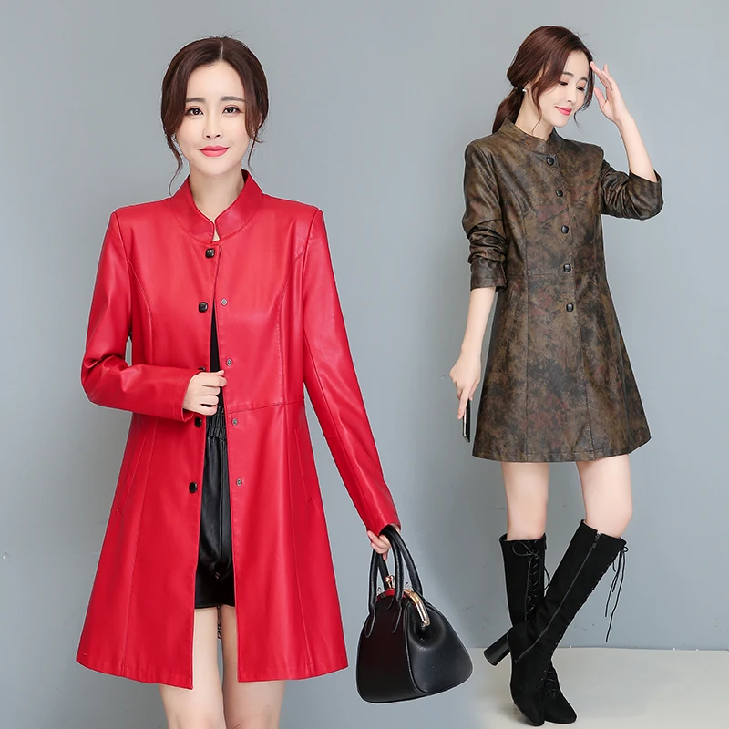 Women Leather Trench Coat 2022 New Autumn Winter Single Breasted Faux Sheepskin Leather Coat Long Black Red Outwear