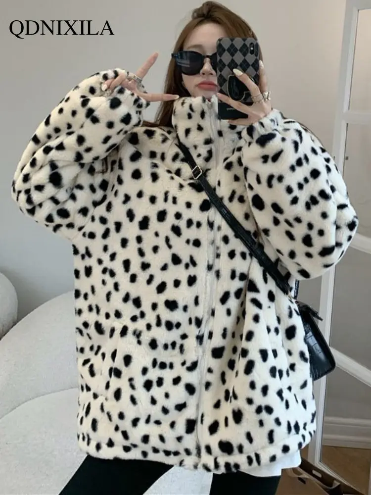 Winter Coat for Women Faux Fur Leopard Print Wool Coat Loose and Thickened Jacket Women Warm Keeping Coat Faux Fur Coat Women