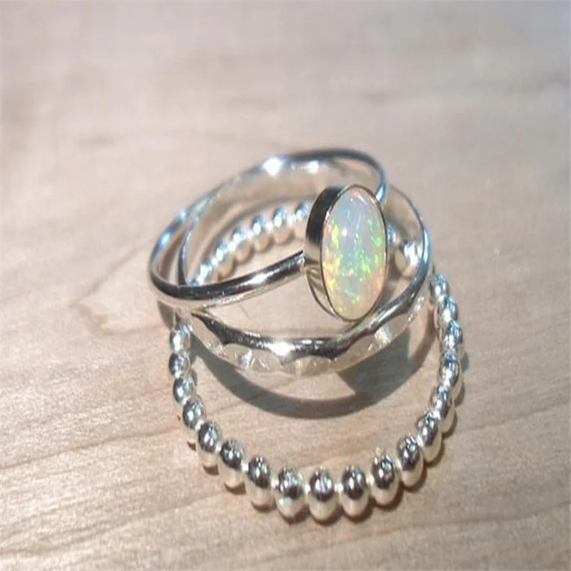 

3 pcs/set Opal Oval Ring Set For Women Girls Jewelry Princess Styles Wedding Party Female Rings Hand Accessories Size 5-11