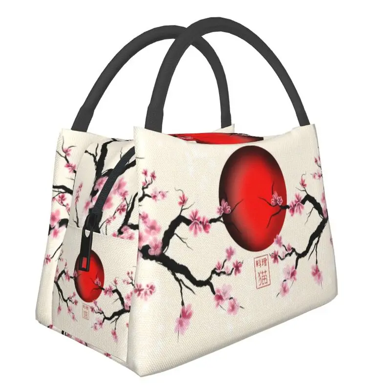 

Japan Sakura Cherry Blossoms With A Red Rising Sun Insulated Lunch Bags for Women Flower Portable Thermal Cooler Food Lunch Box