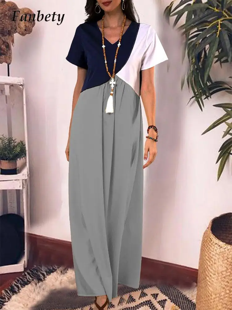 

Summer Harajuku V-Neck Short Sleeve Loose T Shirt Dress 2022 Women Casual Patchwork Color Maxi Dress Retro Straight Long Dresses