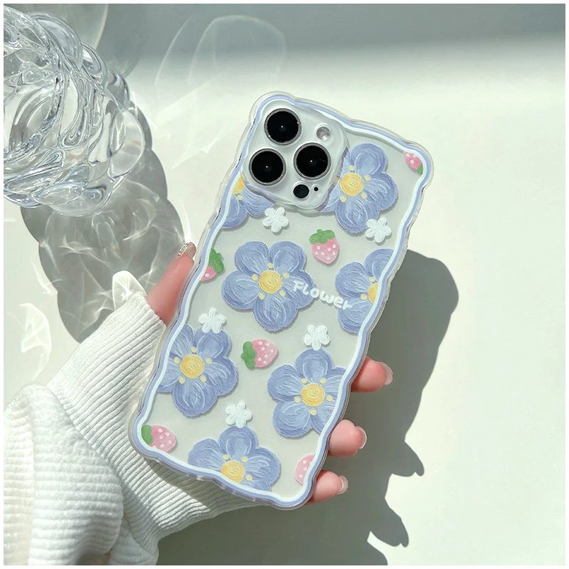 

Art Wavy Blue Flower Strawberry Cute Silicone Soft Back Case For Iphone X XR 7 8 Plus 13 Promax 11 12 Mini Xsmax Phone Capa