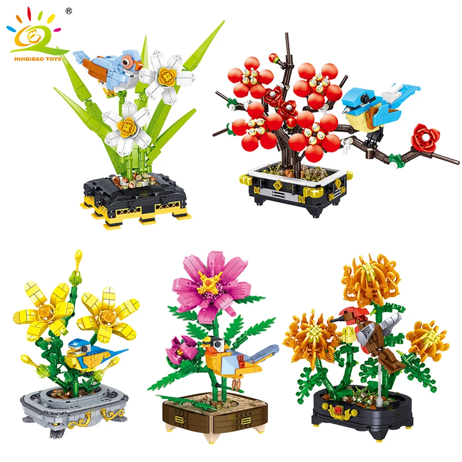 

HUIQIBAO Flower Potted Birds Chinese Model Building Blocks Daffodil Bonsai Creative City Bricks Toy for Children Home Decoration