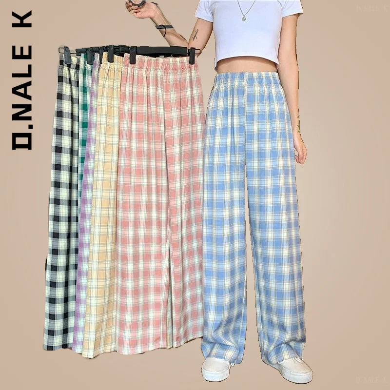 

D.Nale K Women Fashion Trousers Pants High Waist Plaid Wide Leg Trousers Slim Pant Sweatpants Harajuku Trendy Trousers Female