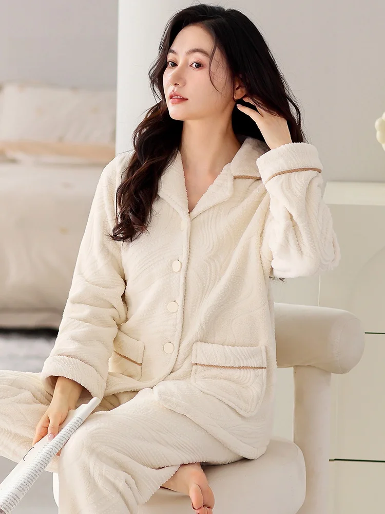 Pajamas Women Winter Fleece-lined Thickened 2024 New Flannel Mom Simple Warm Double-sided Coral Fleece Home Wear