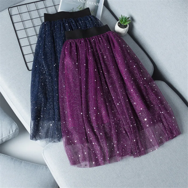 

Pleated Skirt For Girls Hight Waist Fashion Starry Sky Sequins Long Skirt School Girls Dance Skirts For Age 4 6 8 10 12 14 Year