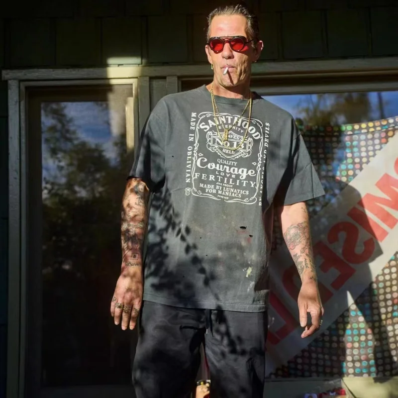 

SAINT Michael Print Wash Oversized black T-shirt Made of Old Vintage Damage High Street Trend Short Sleeve T-shirt for men