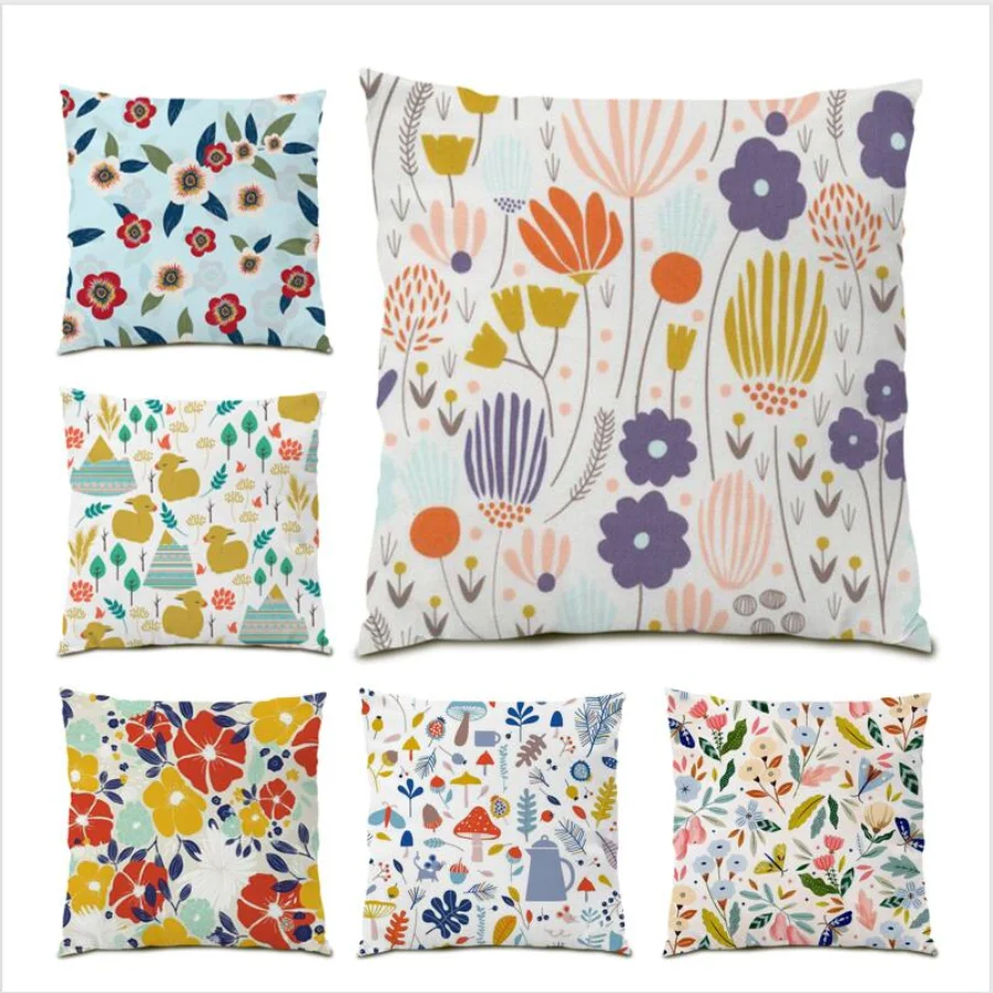 

Living Room Decoration Printed Pillow Cover Household 45x45 Cushion Cover Flowers Tropical Polyester Linen Green Leaves E0553