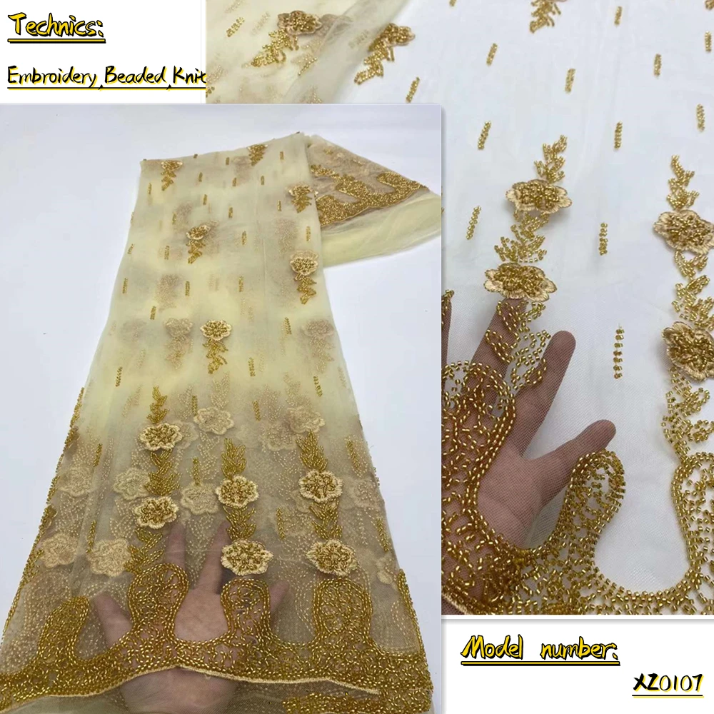 

2022 African Lace Fabric Embroidery Latest Nigerian French Handmade Beaded Lace Fabrics Wedding Bridal Materials Sewing XZ0107