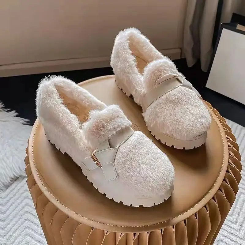 

Winter Shoes Women Shallow Mouth Clogs Platform Elegant Loafers Fur Round Toe Slip-on Casual Female Sneakers New Creepers Moccas