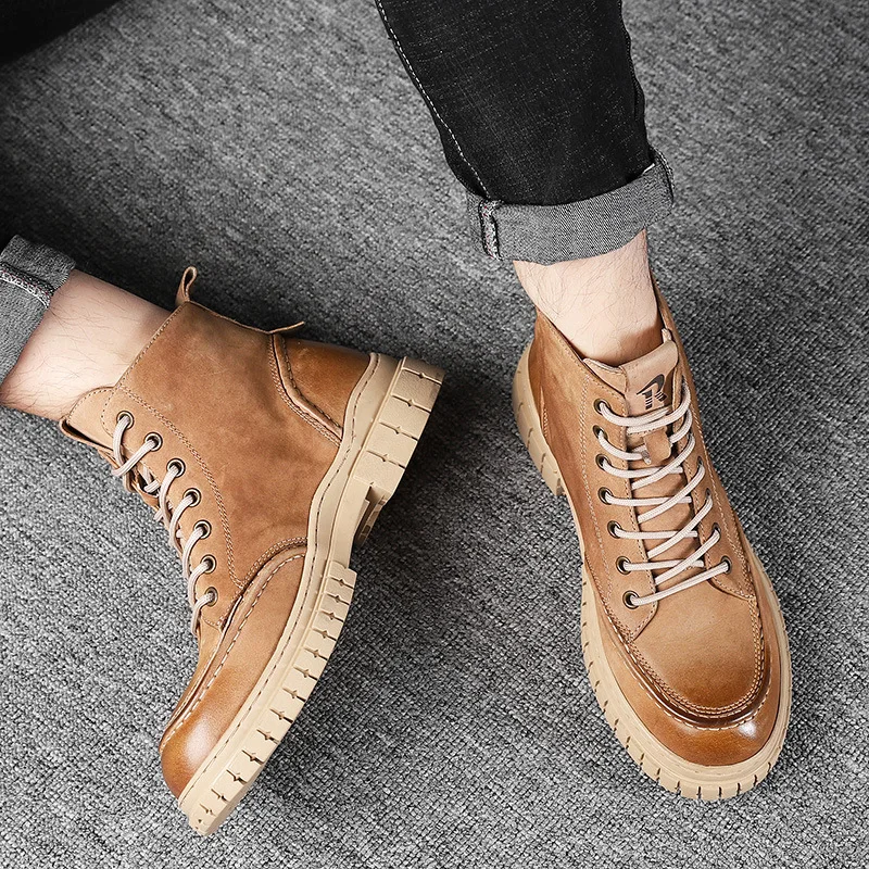 

Genuine Leather Platform Waterproof No-slip Short Motorcycle Boots New 2022 Winter Men's Riding Boots Retro High Top Shoes