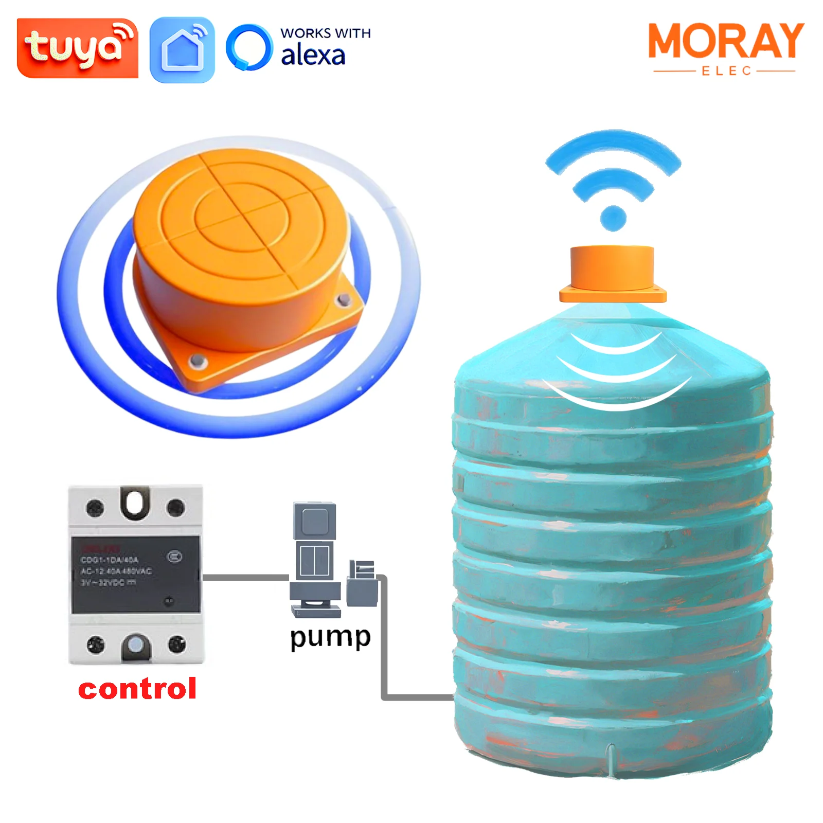Фото Moray ME201WC Tuya APP Wi-Fi Ультразвуковая проверка провода управления Измеритель уровня воды Дистанционный цифровой датчик резервуара для воды №1
