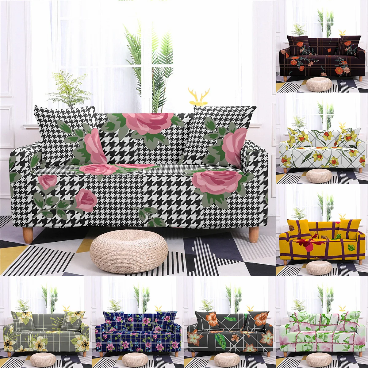 

Colorful Floral Leaf Grid Pattern Printed Stretch Spandex Sofa Covers Dresser Decoration Living Room Accessories Sofa Covers