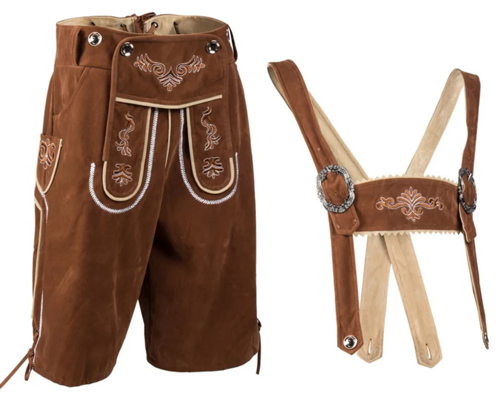 

Brown Suede Embroidered Lederhosen Mens German Bavarian Oktoberfest Beer Guy Costumes Suspender Shorts