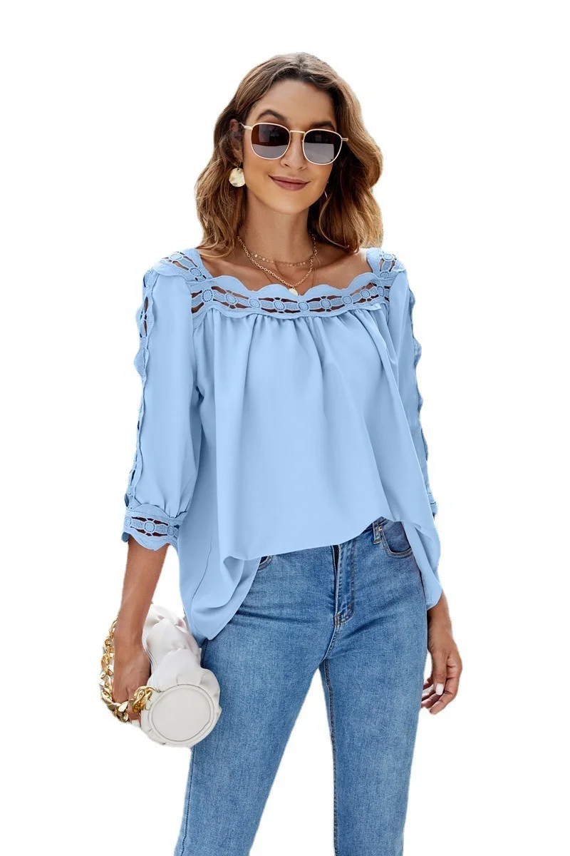 Женская хлопковая блуза с коротким рукавом и квадратным вырезом свободного