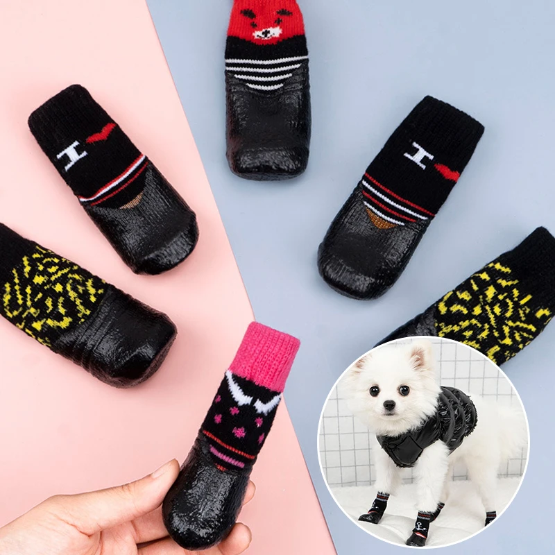

4Pcs/set Pet Rubber Cotton Socks Non-slip Waterproof Dog Warm Socks Dog Shoes Cats Footwear Dog Rain Snow Boots Puppy Socks