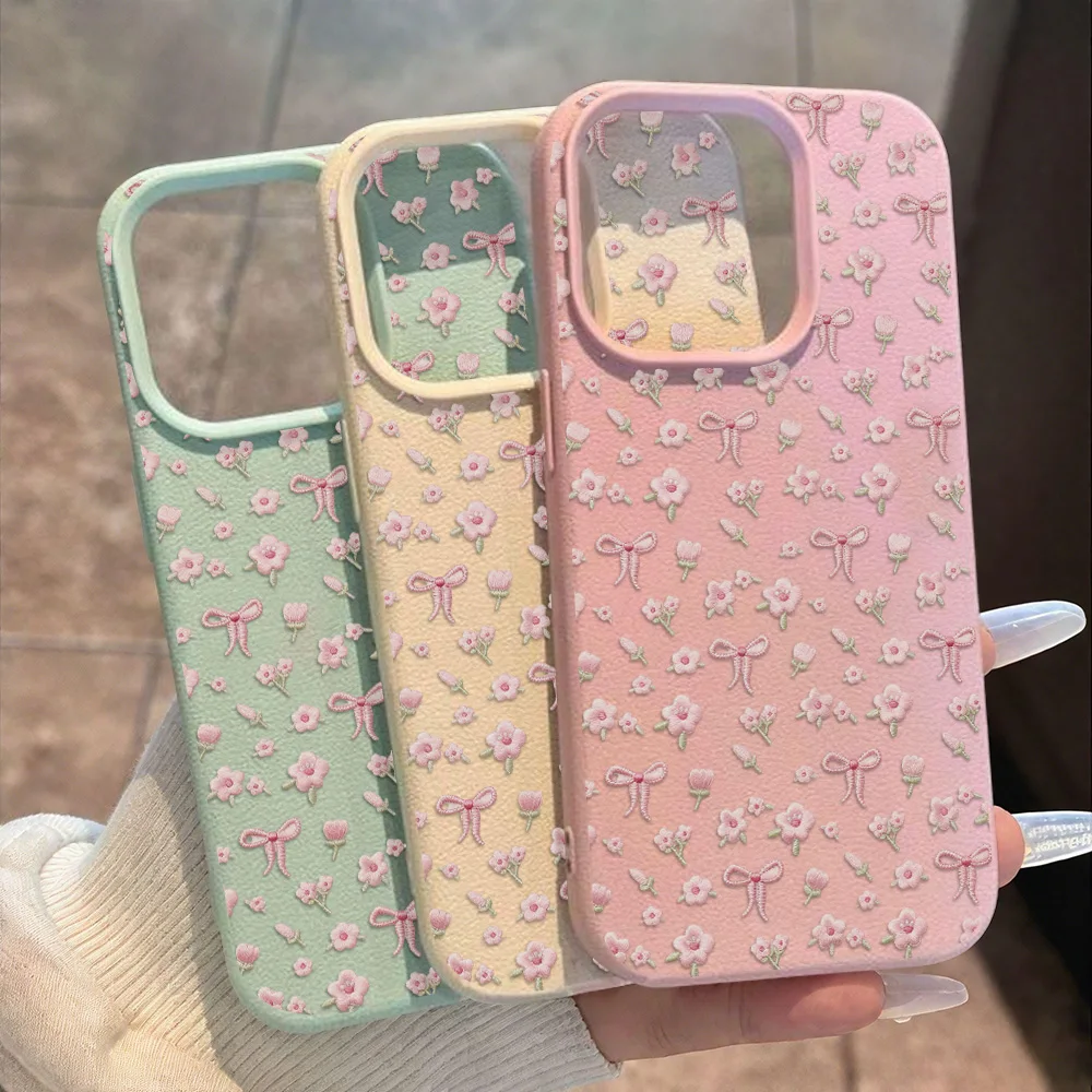 Фото Милый розовый чехол для телефона с цветочным узором для iPhone 16 15 13 11 14 12 17 Pro Max Air Plus, кожаный, с текстурой личи, противоударный, мягкий чехол-накладка №2