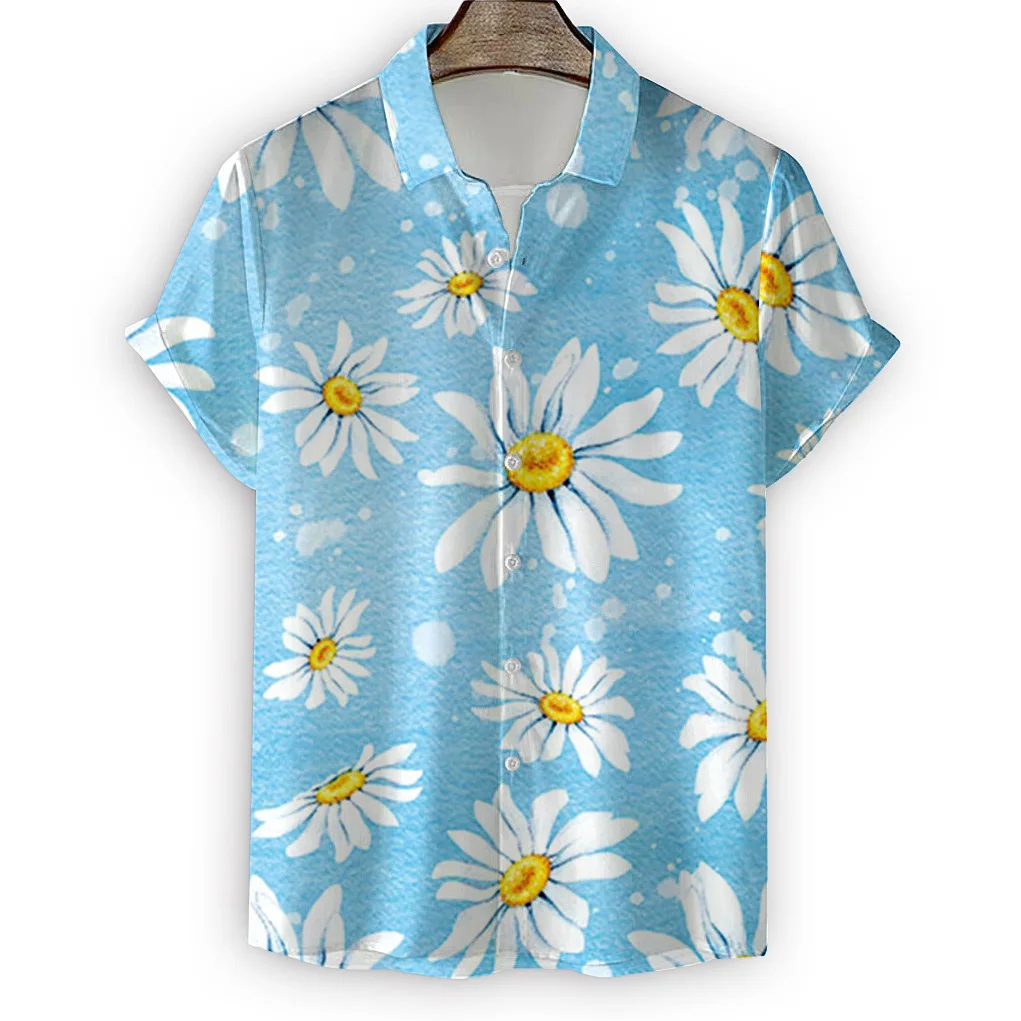 Hawaiian Men's Shirt Fresh Daisy Print Series Short Sleeved Beach Fashion Casual Top Breathable Men Comfortable Clothing