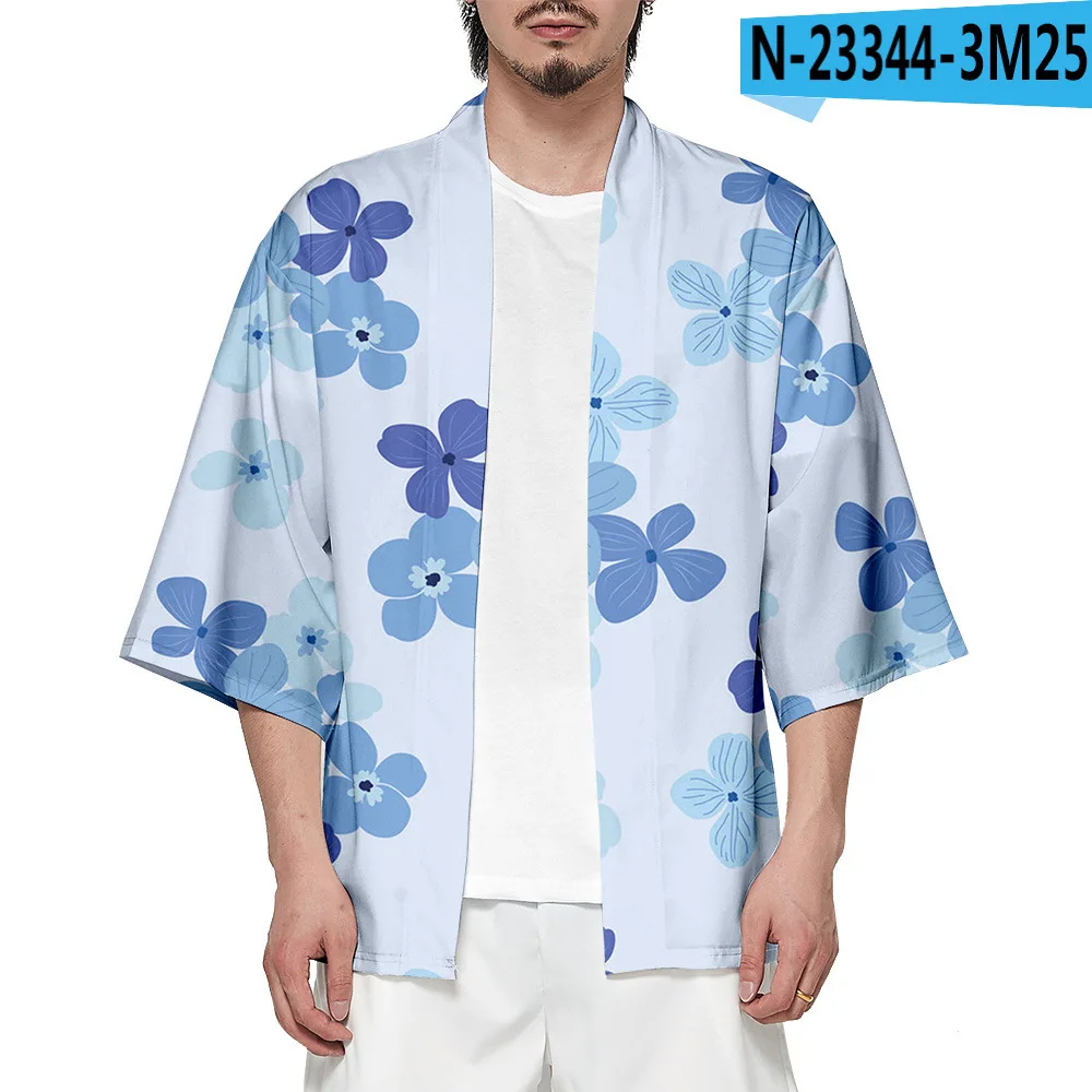 3XL-6XL Men Print Flowers Kimono Robe 3/4 Sleeve Cardigan Chinese Casual Loose Home Shirts Summer New Bathrobe